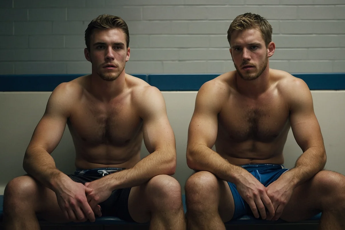 Clearly adult athletic men at a rooftop pool